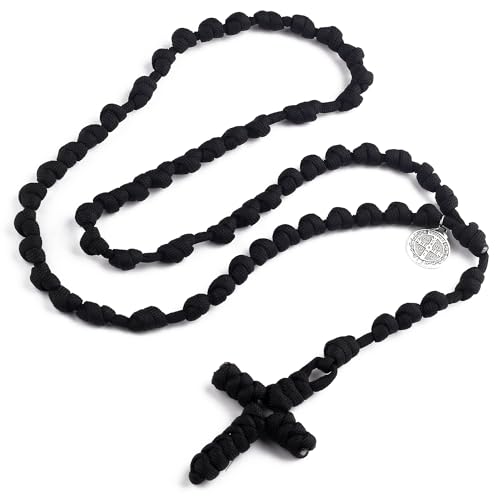 HanlinCC Handmade Knotted Paracord Rosary Necklace with St.Benedict Miraculous Medal for Men and Women (Black)