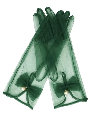 QRBTSCL Womens Bow Tea Party Gloves Sheer Gloves Elegant Mesh Short Gloves Wedding Bridesmaids Prom Evening Opera Glove One Size Dark Green