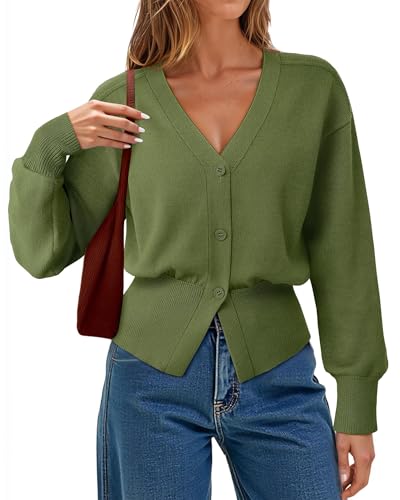 Gaharu Cropped Cardigan for Women: Green V Neck Pelpum...