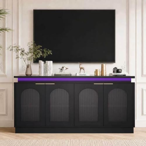 Image of LKTART 65.3 inch Sideboard Buffet Cabinet with Arched Doors,LED Lights,Black