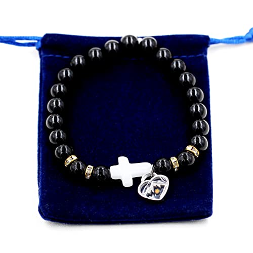 Image of Uloveido Black Agate Side Cross Bracelet Mustard Seed Charms, Personalized Letter A-Z Tiger's Eye Bangle Y944