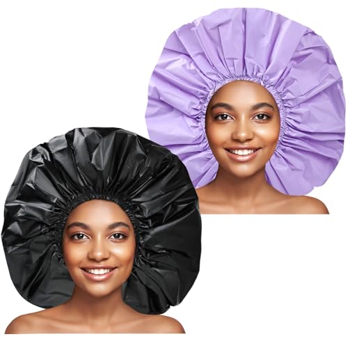 CHFONG Super Jumbo Shower Cap 2 PCS Waterproof Shower Caps for Women, Extra Large Shower Cap, Reusable Super Large Bath Caps Hair Cap for Long Thick Curly Hair, Locs, Twist Braids - Black + White