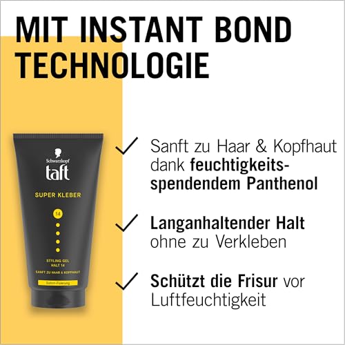 Schwarzkopf TAFT Gel Super Kleber (150ml), Haargel mit sofortiger Haftung für einen Klebstoff-ähnlichen Halt, schonend für Haar und Kopfhaut, veganes, Haarstyling-Gel