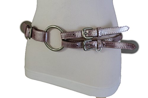 TFJ Women Fashion Double Silver Metal Buckles Rings Belt Hip Waist Metallic Pink S M