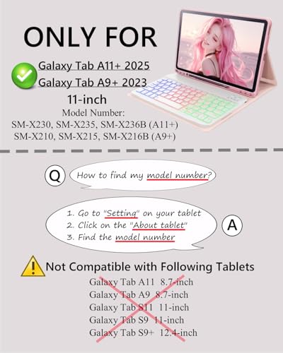 Image of Case with Keyboard for Samsung Galaxy Tab A11+ (Plus) 2025 | 7 Color Rainbow Backlight Detachable Keyboard with Mouse for Tablet A11+ SM-X230 SM-X235 SM-X236B, Pink