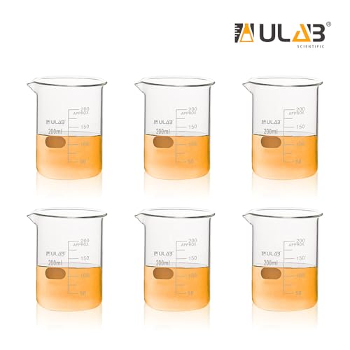 ULAB Scientific Glass Beaker Set, Vol. 200ml, 3.3 Borosilicate Griffin Low Form with Printed Graduation, Pack of 6, UBG1022 - Thumbnail 2