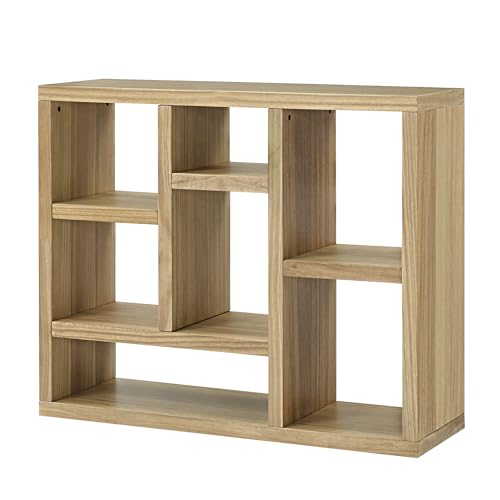 7 Cube Shelf Bookcase Wooden 3 Tiers Floor Standing Low Storage Cabinet Display Shelves for Home Library and Office, 7-Cube Low Lattice Bookshelf Natural Wood