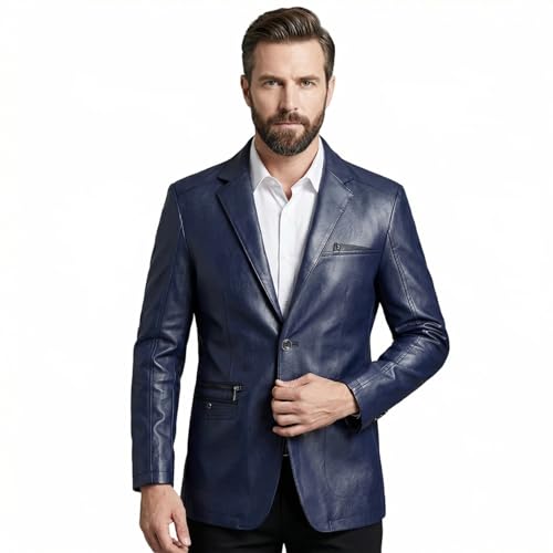 HESYSUAN Blazer en cuir souple à revers pour homme - Coupe droite - 2 boutons avec poches, bleu marine, XXL