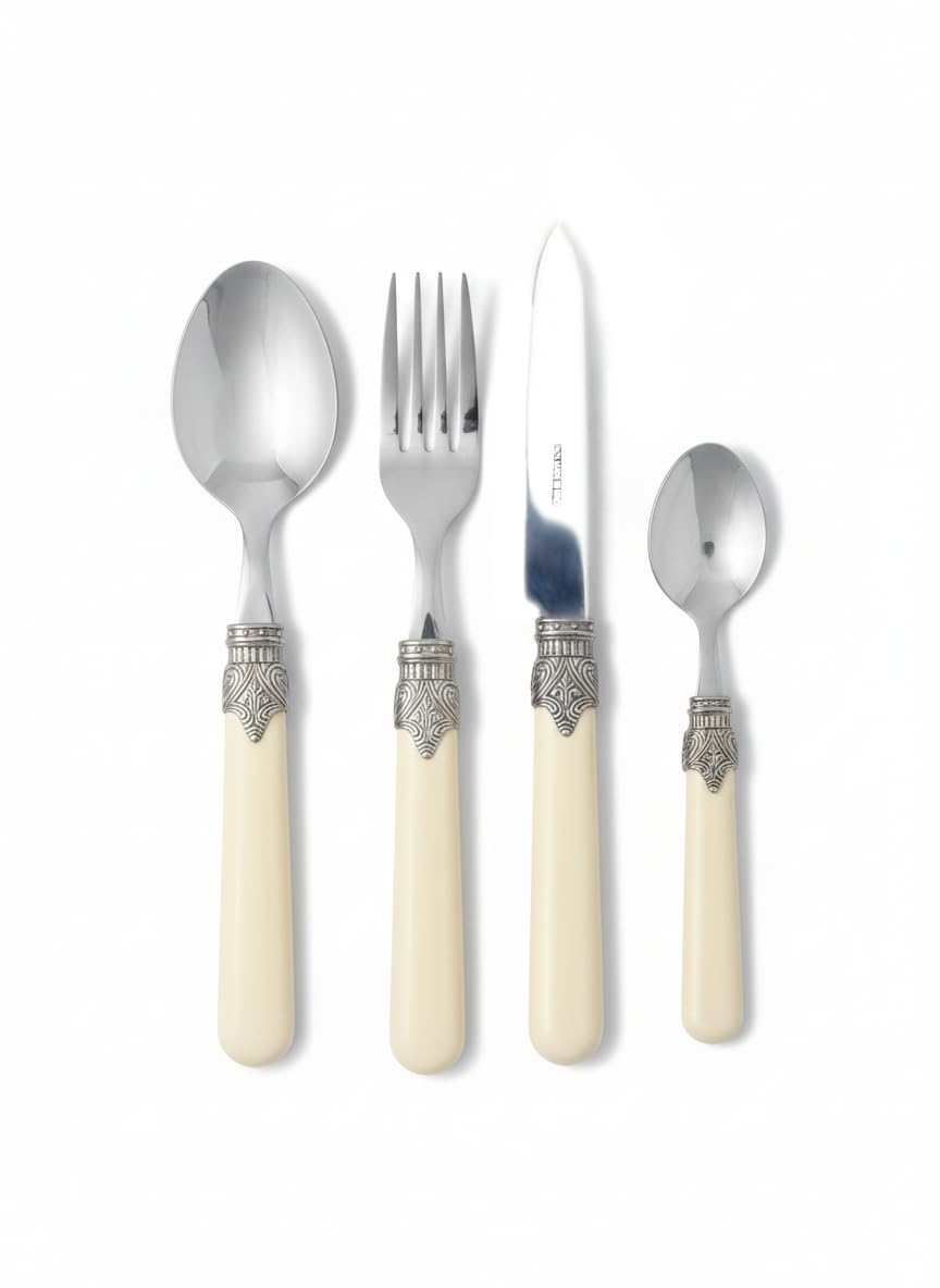 MODALYSSA Elegance Set Posate 16 Pezzi per 4 persone, colore Avorio, Stile Classico ed Elegante, Shabby Chic e Vintage, Acciaio Inox 18/10, Made in Italy, Confezione Regalo.