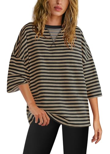 Panadila Womens Striped Short Sleeve Tunic Tops Oversized Crewneck T Shirt Casual Loose Fit Color Block Sweatshirt2