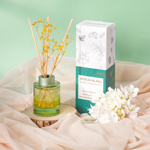 ROUCAS BLANC Reed Diffuser Set with Preserved Flowers, Green Leaves Scented Diffuser with Sticks, Room Decor & Bathroom Decor, Aromatherapy Home Fragrance Diffuser Gift (Verdant Mystique)