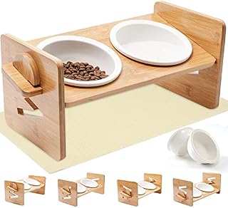 Ceramic Cat Bowls - Adjustable Elevated Cat Dog Bowls with Wood Stand for Water and Food - Double Tilted and Raised Pet Dish for Cats and Puppy (Double)