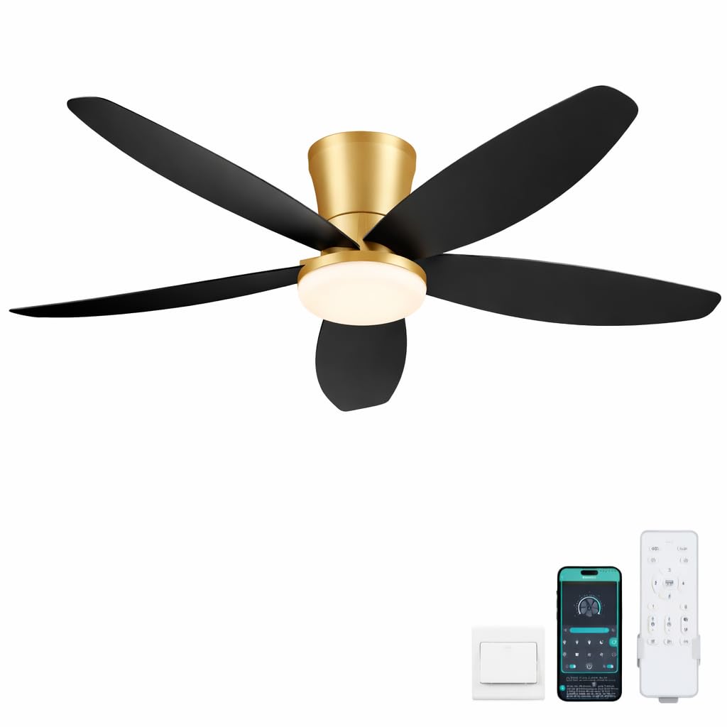 Surtime - 42 inch ceiling fans with lights and low profile ceiling fan with light and remote/app control, gold flush mount ceiling fan with black blades
