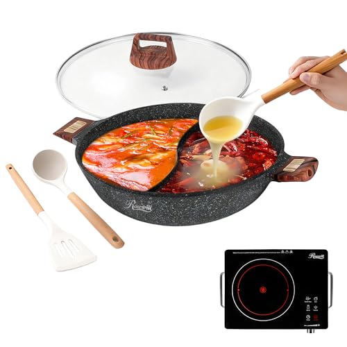 Image of Rosewill 4.2QT Double Flavor Non-Sticking Shabu Shabu Hot Pot with Divider, 13 inch Divided Stockpot for Cooking, Hot Pot for Induction Cooktop & Gas Stove, Electric Burner - Dark Gray
