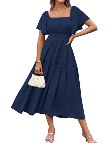 GRACE KARIN Women's Summer Ruffle Sleeve Smocked Dress Elegant Square Neck Chiffon Beach Dresses Navy M