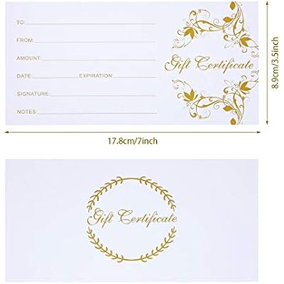 Outus 50 Pcs Gift Certificates for Business, Blank Gift Certificates Cards Gold Floral Gifts Vouchers Coupon for Spa, Salon, Restaurant, Client Birthday, Wedding, 3.5 x 7 Inch