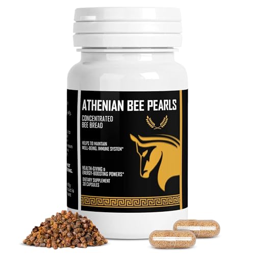 Bee Pollen Supplement Athenian Bee Pearls | Natural Immunity & Vitality Support Bee Pollen Capsule | Spartan Bee Bread Extract & Vitamin C | Non GMO, Nothing Synthetic, All Natural Organic Bee Pollen