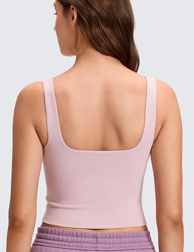 Image of CRZ YOGA Ribbed Henley Crop Tank Tops | Medium Support, Removable Pads, Casual, Square Back, Wide Straps, Longline Sports Bras for Women