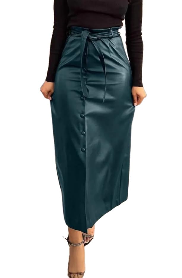 Women Button Down Front Slit Faux PU Leather Maxi Long Skirt with Belt