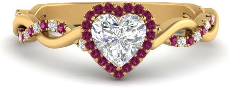 Choose Your Gemstone Intertwined Halo Diamond CZ Ring Yellow Gold Plated Heart Shape Halo Engagement Rings Everyday Jewelry Wedding Jewelry Handmade Gifts for Wife US Size 4 to 12