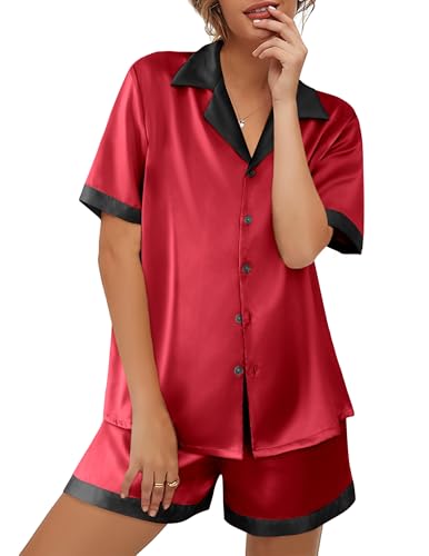 Image of Ekouaer Womens Silk Satin Pajama Set Short Sleeve PJs 2 Piece Button Down Top and Shorts Notch Collar Sleepwear Sets Soft Pjs