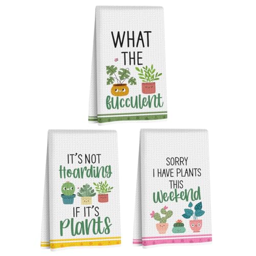 Image of 3 Pcs Funny Kitchen Towels, Plant Lover Gifts for Women Gardener Mom, Succulent Cactus Plant Gifts Dish Towel, Leaves Waffle Weave Hand Tea Towels for Kitchen Home Farmhouse Decor-24x14 Inch