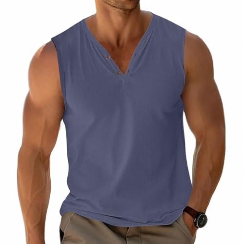 Mens Basic Vests Tank Tops Sleeveless Tees Henley T-Shirt Casual Cotton Button V-Neck Lightweight Soft Stretch Darkgrey L