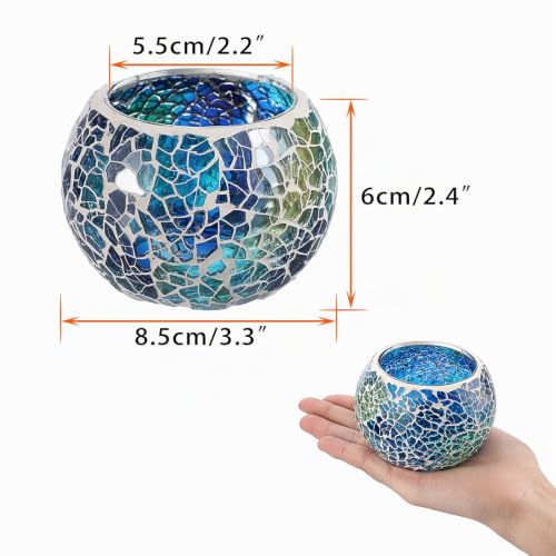BSTKEY Set mit 6 Mosaikglas-Teelichthaltern, dekorativer Votivkerzenständer, runder Kerzenhalter, Tafelaufsätze für Tisch, Hochzeit, Party, Heimdekoration (mehrfarbig + blau + grün) – Bild 3