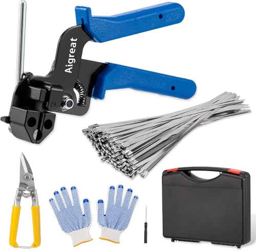 Heavy Steel Metal Zip Ties Cutter Stainless Steel Cable Tie Gun Cable Tie Wrap Gun Kit for Fastening and Cutting up Zip Ties Tool with 100pcs Self-Locking Metal Steel Wire Ties