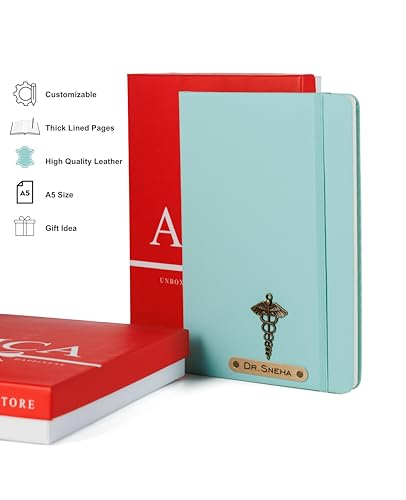 Image of AICA Personalized Name & Charm Doctor Leather Notebook Diary - A5 Size, 180 Ruled Pages (Mint Green) | Customized Gift for Doctors Retirement Farewell Appraisal Birthday For Men Women Girls Boys