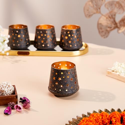 Image of Amazon Brand - Solimo Tea Light Votive - Tapered Star Design, Brown Antique Iron with Gold Interior, Set of 4 (Size: 7 LXBXH)
