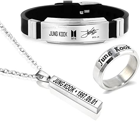 University Trendz Unisex BTS Fan Combo - Jung Kook Signature Silicon Bracelet, Stainless Steel Ring & Pendant Necklace (Pack of 3) For Unisex Adult