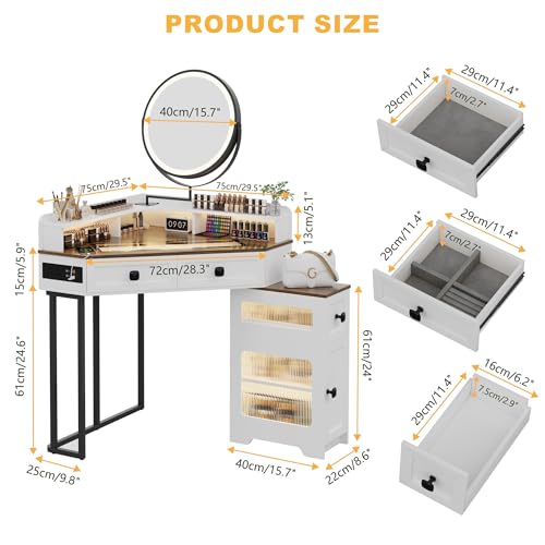 SumKea Corner Vanity Desk with Mirror and Lights, Equipped with Charging Station Corner Makeup Vanity, Glass-Topped Dressing Table with Drawers and Shelves, Whtie