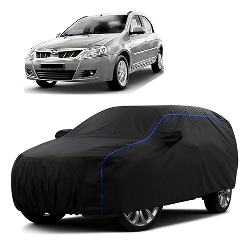 Image of Sulfar 100% Water Resistant Car Body Cover Compatible with Mirror for Mahindra Verito (Triple Stitched, Full Bottom Elastic, Black Tafetta with Blue Piping)