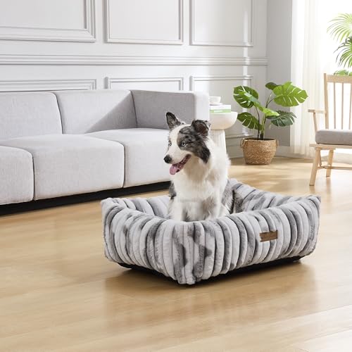Image of Modern Threads Ribbed Plush Two-Tone Cuddler Dog Bed, Ultra-Soft Faux Rabbit Fur, Supportive Bolstered Sides, Removable Washable Cover, Bed for Medium Dogs, Silver, (28 inch L x 21 inch W x 9 inch Th)