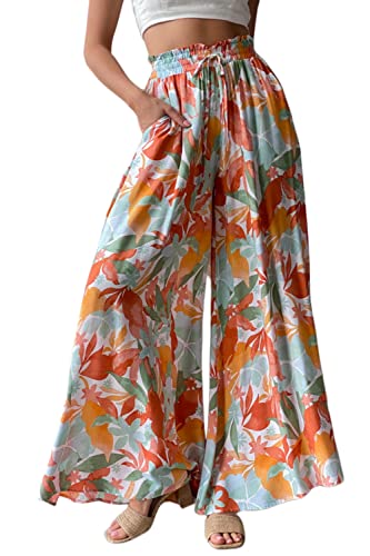 YOCUR Women Summer Beach Vacation Pants High Waisted Wide Leg Pants Printed Loose Flowy Casual Palazzo Lounge Trousers
