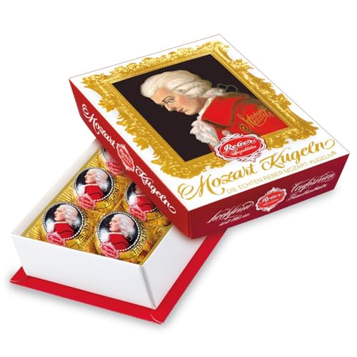 Reber, Mozart-Kugeln Barock, 6er Packung, Mozart-Kugeln aus Zartbitter-Schokolade, Gefüllt mit Pistazien-Marzipan, Mandeln und Haselnuss-Nougat, 120g (6 Mozart-Kugeln)