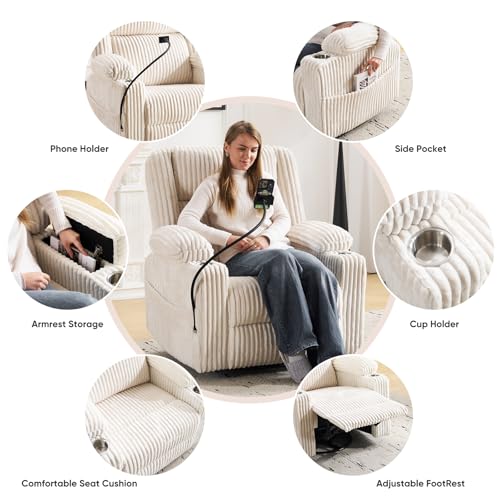 Image of Oversized Power Recliner Chair with Massage and Heat,Swivel Rocker Recliner Chair for Adults with Arm Storage,Nursery Glider Recliner with Adjustable Headrest and Side Pockets,Phone Stand,Beige