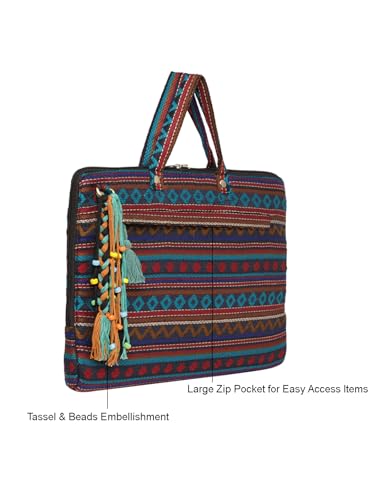 Image of The House of tara Office Laptop Bag for Women 13.3 And 15.6 Inch | Ideal For Office & Travel | Multicolour Embellished Handloom Fabric | MacBook Messenger Business Bag for ladies
