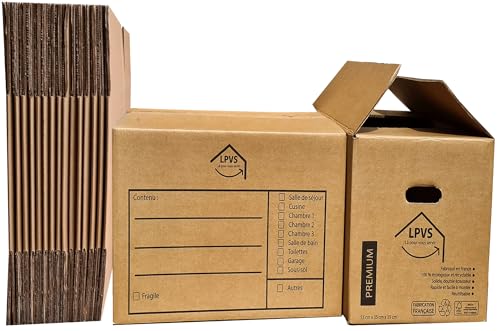 Lot 10 Cartons de Déménagement - Fabricant Français - Résistance Extrême 25 kg - Grosse Épaisseur avec Poignées Renforcées - Réutilisable - 50 x 30 x 30 cm - LPVS