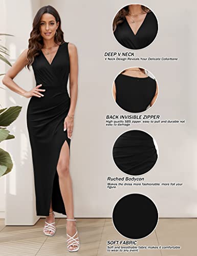 Sarin Mathews Womens V Neck Long Formal Dresses Sexy Summer Sleeveless Bodycon Ruched Wrap Split Wedding Cocktail Dress Black M #TOP3