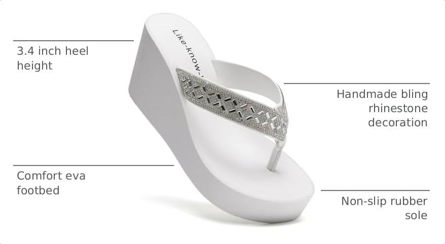 Image of Rhinestone Wedge Sandals for Women Platform Flip Flops Wedge flip flops Wedding shoes Wedge Heels for Women Dressy