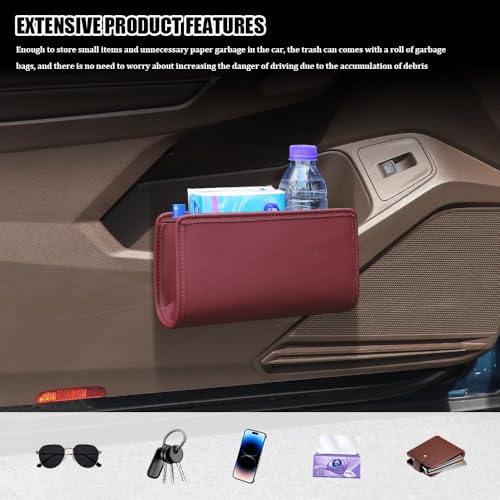 Image of Car Trash Can, Car Garbage Can, Waterproof Litter Auto Trash Can for Travelling, Auto Interior Accessories Foldable Hanging Mini Cars Storage Bag Container Universal Fit Most Cars (Wine Red)