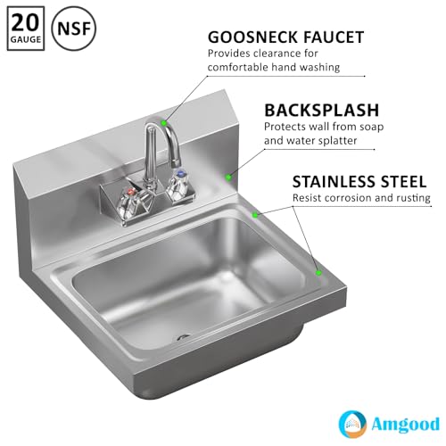 Image of Stainless Steel Wall Mounted Hand Sink 17 in. x 15 in. with Gooseneck Faucet