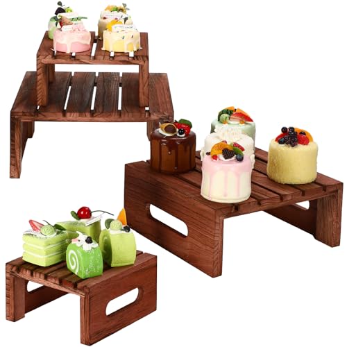 Nitial 4 Pcs Wood Cupcake Display Stand Decorative Dessert Appetizer Cake Stand Rustic Wooden Risers Base Tray for Wedding Birthday Baby Shower Party Decoration(Dark Brown)