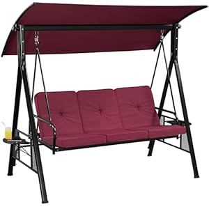 Yaheetech 3-Seat Outdoor Patio Swing Chair, Deluxe Outdoor Patio Porch Swing with Weather Resistant Steel Frame, Adjustable Tilt Canopy for Patio Garden Poolside Balcony Backyard, Burgundy