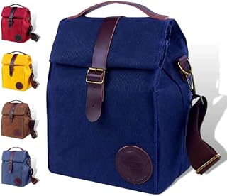 ASEBBO Insulated Lunch Bag for Men, Women - 10L Waxed Canvas Cool Bag with Genuine Leather Handle and Strong Buckle Closure, Reusable Lunch Cooler Bag for Adults Work School Picnic Food (Blue)