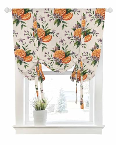 Tie Up Curtains for Windows Country Lemon Flower Rod Pocket Tie-Up Window Shade Adjustable Balloon Curtain Valance Retro Floral on Linen for Bedroom Kitchen Bathroom Blinds,34x45in