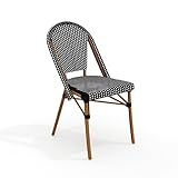 Martha Stewart Lily Pond Indoor-Outdoor Stackable Aluminum Bistro Chair with Natural Woodgrain Frame Finish and Black/White Woven Rattan Backrest and Seat