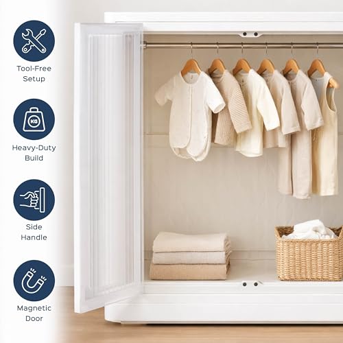 Image of HomeStrap Foldable Plastic Wardrobe for Clothes, Toys & Office | Stackable Storage Cabinet with Wheels, Transparent & Magnetic Doors | Multipurpose Organizer for Bedroom, Kitchen | White